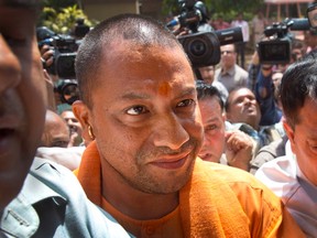 The new chief minister of the northern Indian state of Uttar Pradesh, Yogi Adityanath arrives at the Parliament in New Delhi, India, on March 21. Adityanath, a hardline Hindu religious leader, was sworn in March 19 as the chief minister of India’s most populous state. He arrived in the capital on March 21 to meet Prime Minister Narendra Modi and other party leaders. (Manish Swarup/The Associated Press)