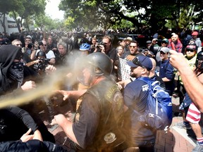 A man gets sprayed with a chemical irritant as multiple fights break out between Trump supporters and anti-Trump protesters in Berkeley, California on April 15, 2017. Hundreds of people with opposing opinions on President Donald Trump threw stones, lit fires, tossed explosives and tear gas and attacked each other with makeshift weapons as police stood by. (JOSH EDELSON/AFP/Getty Images)