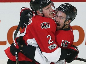 Ottawa Senators defenceman Dion Phaneuf celebrates his overtime goal against the Boston Bruins with teammate Mark Stone during Game 2 at the Canadian Tire Centre on April 15, 2017. (Tony Caldwell/Postmedia)