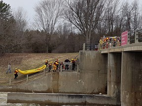 Ottawa Fire Services water rescue officers work to rescue an otter trapped in turbulence near a dam Saturday, April 15.