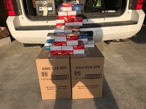 On April 12, 2017, at around 4:20 p.m., the RCMP Roving Traffic Unit conducted a traffic stop on a westbound vehicle of Highway 1, eight kms east of Deacons Corner, A search of the vehicle uncovered two cases (50m cartons per case) as well as 23 individual cartons of cigarettes destined for the resale market. Two men, a 47-year-old and a 44-year-old both from Winnipeg, will be appearing in court on May 18 in Winnipeg.