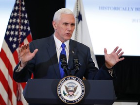 In this Feb. 27, 2017 file photo, U.S. Vice President Mike Pence speaks in the Eisenhower Executive Office Building on the White House complex in Washington. (AP Photo/Manuel Balce Ceneta, File)