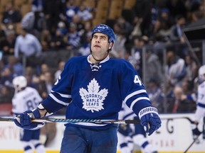 Toronto Maple Leafs' Roman Polak reacts at the final buzzer following third period NHL hockey action against the Tampa Bay Lightning on April 6, 2017. (THE CANADIAN PRESS/Chris Young)