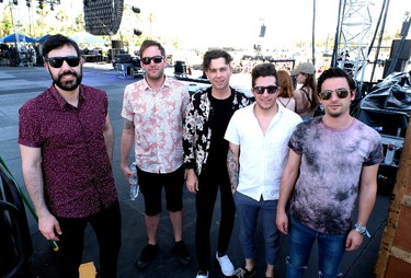 (L-R) Musicians Nick Dika, Tim Oxford, Mike DeAngelis and Anthony Carone of Arkells pose backstage at the Outdoor Stage during day 2 of the Coachella Valley Music And Arts Festival (Weekend 1) at the Empire Polo Club on April 15, 2017 in Indio, California.  (Photo by Frazer Harrison/Getty Images for Coachella)