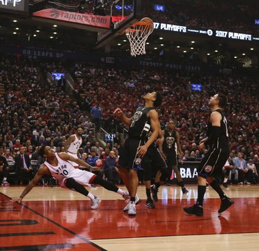 Toronto Raptors DeMar DeRozan G (10) watches the ball fall in the cylinder during the first half of Game 1 in Toronto, Ont. on Saturday April 15, 2017. Jack Boland/Toronto Sun/Postmedia Network