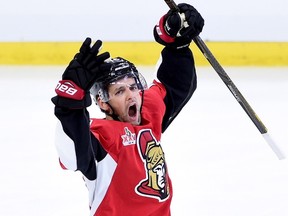 Ottawa Senators left winger Clarke MacArthur celebrates his goal during second period of Game 2 against the Boston Bruins on April 15, 2017. (THE CANADIAN PRESS/Sean Kilpatrick)