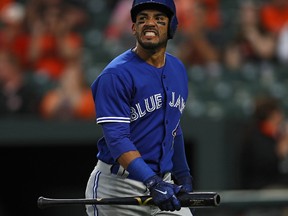 The Jays’ Devon Travis, usually a strong hitter, has batted .105 in nine games. (Getty Images)