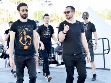 (L-R) Musicians Charlie Barnes, Dan Smith and Will Farquarson of Bastille backstage at the Outdoor Stage during day 2 of the Coachella Valley Music And Arts Festival (Weekend 1) at the Empire Polo Club on April 15, 2017 in Indio, California.  (Photo by Frazer Harrison/Getty Images for Coachella)