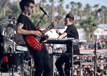 Musicians Kyle J Simmons (L) and Dan Smith of Bastille perform at the Outdoor Stage during day 2 of the Coachella Valley Music And Arts Festival (Weekend 1) at the Empire Polo Club on April 15, 2017 in Indio, California.  (Photo by Frazer Harrison/Getty Images for Coachella)