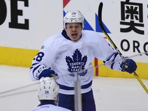 Toronto Maple Leafs right wing Kasperi Kapanen (28), of Finland celebrates his goal against the Washington Capitals during the second overtime in Game 2 of an NHL hockey Stanley Cup first round playoff series in Washington, Saturday, April 15, 2017. Toronto won 4-3. (AP Photo/Molly Riley)