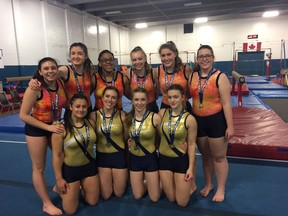 The College Notre Dame Alouettes brought two gold medals back from the OFSAA gymnastics championships on April 11. The Alouettes novice team (back row, left) is Jessie Ouellette, Madison Irish, Britney Seresse, Karine Boucher, Isabelle Papineau and Cassandra Ranger, while the open team (bottom row, left) is Kerine St-Georges, Gabrielle McGuire, Ally Tanner and Makenzie Gratton. Supplied photo