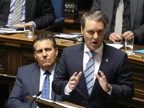 Finance Minister Cameron Friesen presents the provincial budget in the Manitoba Legislature on Tues., April 11, 2017. Kevin King/Winnipeg Sun/Postmedia Network