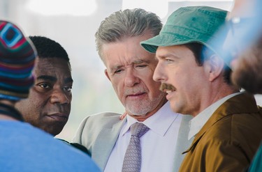 Alan Thicke's last project The Clapper, in which he plays an infomercial host, wrapped a few months before he passed away suddenly while playing hockey in Burbank, California, on Dec. 13, 2016. The Canadian icon is seen here on set with Ed Helms, who stars in the movie. (THOMAS NAGY)