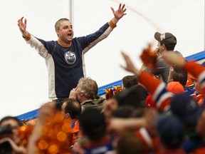 A fan gets the crowd going during the third period of Game 2 between the Edmonton Oilers and the San Jose Sharks at Rogers Place in Edmonton on Friday, April 14, 2017. (Ian Kucerak)