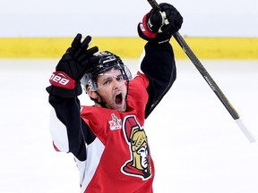 Senators left wing Clarke MacArthur celebrates his goal against the Bruins during the second period of Game 2 of their first-round playoff series in Ottawa on Saturday, April 15, 2017. (Sean Kilpatrick/The Canadian Press)