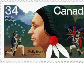 Mary Brant, also known as Molly Brant, was a Mohawk woman influential for the Loyalist cause during the American Revolution. She was commemorated on the Canadian postage stamp shown above.