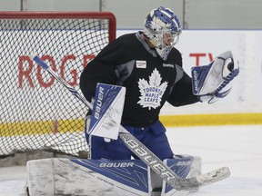 Maple Leafs goaltender Frederik Andersen attends practice in Toronto last Wednesday before facing the Capitals in Game 1 in Washington a day later. (Jack Boland/Toronto Sun)