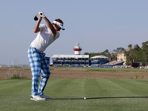 Ian Poulter hits a tee shot on the 18th hole during the final round of the 2017 RBC Heritage at Harbour Town Golf Links on April 16, 2017, in Hilton Head Island, S.C. (Streeter Lecka/Getty Images)