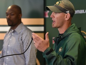 Eskimos head coach Jason Maas and Vice President of Football Operations and General Manager Ed Hervey during a news conference at Commonwealth Stadium in Edmonton, June 20, 2016.