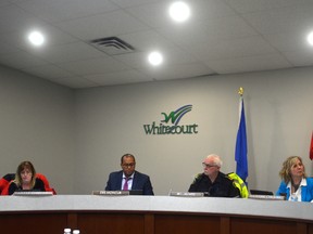 From left to right: Councillors Darlene Chartrand, Eris Moncur and Bill McAree, and Mayor Maryann Chichak at the April 10 Whitecourt Town Council Meeting. Moncur, speaking in favour of a motion for councillors to participate in National Volunteer Week, said that Whitecourt’s abundance of volunteers was a major reason he decided to call the town home (Jeremy Appel | Whitecourt Star).