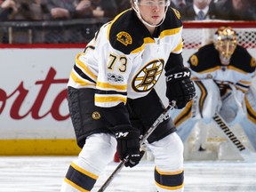 Charlie McAvoy of the Boston Bruins skates in his first shift as he makes his NHL debut against the Ottawa Senators in Game 1 of an NHL playoff series at Canadian Tire Centre on April 12, 2017. (Jana Chytilova/Freestyle Photography/Getty Images)