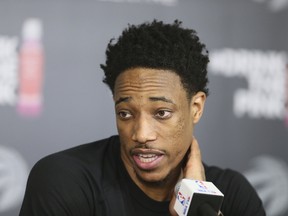 DeMar DeRozan talks to the media following Toronto Raptors practice on April 17, 2017. (Veronica Henri/Toronto Sun/Postmedia Network)