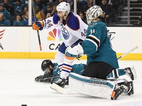 Zack Kassian of the Edmonton Oilers celebrates after scoring a goal on goalie Martin Jones of the San Jose Sharks during the third period in Game Three of the Western Conference First Round during the 2017 NHL Stanley Cup Playoffs at SAP Center on April 16, 2017 in San Jose, California. The Oilers won the game 1-0.