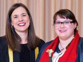 University of Sudbury student Edrea Fechner, right, recieves the Sword of Loyola Award from president and vice-chancellor Sophie Bouffard. This award was established in 1966 by the Board of Regents to recognize a graduating student who is an outstanding example of the university's ideal in scholarship, leadership qualities, and concern for others. (Photo supplied)