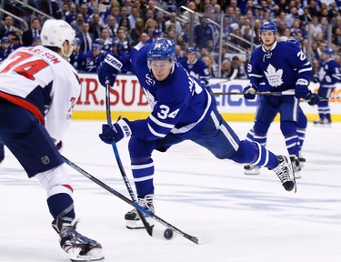 Auston Matthews shoot and would score on the rebound as the Toronto Maple Leafs host the Washington Capitals in the third game 3 of the their first round series at the Air Canada Centrein Toronto on Monday April 17, 2017. Michael Peake/Toronto Sun/Postmedia Network