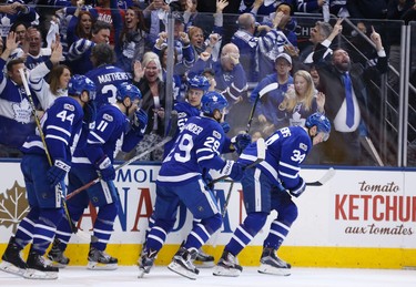 Celebration of Auston Matthews first Leafs goal as the Toronto Maple Leafs host the Washington Capitals in the third game 3 of the their first round series at the Air Canada Centrein Toronto on Monday April 17, 2017. Michael Peake/Toronto Sun/Postmedia Network
