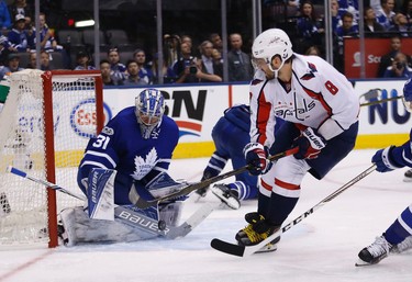Frederik Andersen stops Alexi Ovechkin as the Toronto Maple Leafs host the Washington Capitals in the third game 3 of the their first round series at the Air Canada Centrein Toronto on Monday April 17, 2017. Michael Peake/Toronto Sun/Postmedia Network