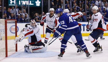In the third period  Nazem Kadri in front of Braden Holtby as the Toronto Maple Leafs host the Washington Capitals in the third game 3 of the their first round series at the Air Canada Centrein Toronto on Monday April 17, 2017. Michael Peake/Toronto Sun/Postmedia Network