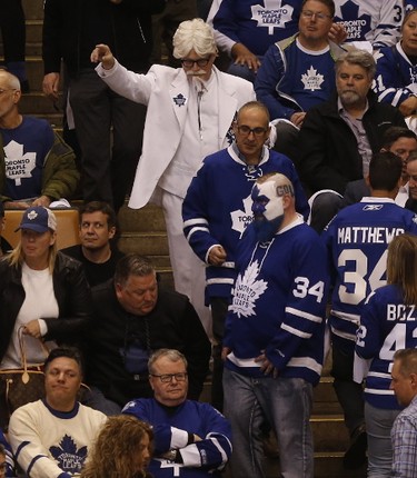 Toronto Maple Leafs "Dartman" Jason Maskalow at the game during the second period of Game 3 in Toronto on Monday April 17, 2017. Jack Boland/Toronto Sun/Postmedia Network