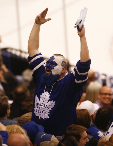 Toronto Maple Leafs "Dartman" Jason Maskalow tries to gets the crowd going during the second period of Game 3 in Toronto on Monday April 17, 2017. Jack Boland/Toronto Sun/Postmedia Network