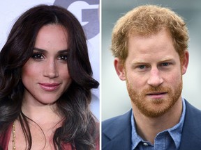 This combination of file photos created in London on November 8, 2016, shows Meghan Markle (L) as she poses on arrival for the GQ Men of the Year Party in Hollywood, California, on November 13, 2012, and Britain's Prince Harry as he arrives at Lord's cricket ground in London on October 7, 2016.FREDERIC J. BROWN,JUSTIN TALLIS/AFP/Getty Images