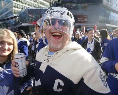 Leafs fan Greg Oldfield from Barrie in Maple Leaf Square before the start of the game as the Toronto Maple Leafs host the Washington Capitals in the third game 3 of the their first round series at the Air Canada Centrein Toronto on Monday April 17, 2017. Michael Peake/Toronto Sun/Postmedia Network