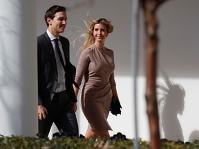 In this Friday, Feb. 10, 2017, file photo, Ivanka Trump, right, walks with her husband, Jared Kushner, senior adviser to the president, to a news conference with President Donald Trump and Japanese Prime Minister Shinzo Abe, at the White House in Washington. Ivanka Trump's company continues to grow. Ethics lawyers fear the more her business expands, the more it may encroach on her ability, and husband, Jared Kushner, to credibly advise the president on core issues. (AP Photo/Evan Vucci, File)