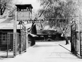 This file picture taken on April 1945 depicts Auschwitz concentration camp gate, with the inscription "Arbeit macht frei", after its liberation by Soviet troops in January 1945. A March of Remembrance is planned for April 24, 3 p.m., beginning at Sarnia City Hall, in memory of the victims of the Holocaust. AFP PHOTO / AFP/AFP/Getty Images