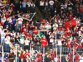 Binghamton Senators fans say good-bye to the B-Sens last Saturday night at Veterans Memorial Arena. B-Sens move to Belleville next season; Binghamton gets the New Jersey Devils top AHL farm club. (Binghamton Senators photo)