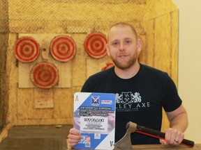 Sarnia's Bo Tait, owner of Valley Axe, won first prize at an international amateur axe-throwing competition in Las Vegas, Nevada which took place on Apr. 8. 
CARL HNATYSHYN/SARNIA THIS WEEK