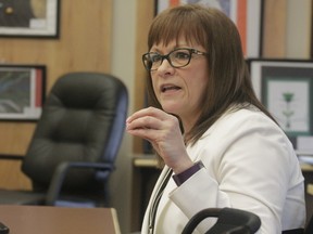 NGPS assistant superintendent Leslee Jodry presents to school trustees about what the division is doing to fix failing diploma math marks during a meeting on April 11 (Joseph Quigley | Whitecourt Star).