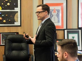 Marc Carnes (left) of Incite Marketing presents a new concept for the Northern Gateway Public Schools mission statement during a board of trustees meeting on April 11 (Joseph Quigley | Whitecourt Star).