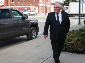 Winston Blackmore, who is accused of practising polygamy in a fundamentalist religious community, arrives for the start of his trial in Cranbrook, B.C., on Tuesday, April 18, 2017. (Jeff McIntosh/The Canadian Press)