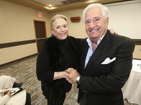 Micheal Gobuty, the former owner of the Winnipeg Jets, was among the inductees to the Manitoba Hockey Hall of Fame today. He is pictured here with his Wife Adrienne Gobuty. Tuesday, April 16, 2017. Chris Procaylo/WinnipegSun/Postmedia Network