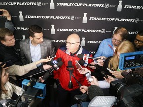 Washington Capitals coach Barry Trotz speaks to media at the MasterCard Centre during an optional practice in Toronto on April 18, 2017. (Michael Peake/Toronto Sun/Postmedia Network)