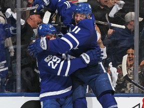 Zach Hyman and William Nylander of the Toronto Maple Leafs celebrate a goal against the Washington Capitals during Game 3 at the Air Canada Centre on April 17, 2017. (Claus Andersen/Getty Images)