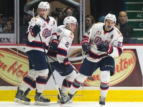 Regina Pats forward Sam Steel #23 celebrates his goal against the Swift Current Broncos during the seventh game of the series at the Brandt Centre. The Pats won 5-1.