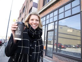 Tania Renelli, owner of Salute Coffee Company, stands outside what will soon be her newest location at 73 Elm Street in downtown Sudbury. The new shop will open at the beginning of May. (Gino Donato/Sudbury Star)