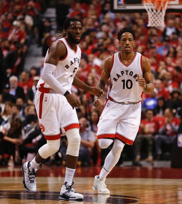 Toronto Raptors DeMarre Carroll F (5) and DeMar DeRozan (10) during the second half of Game 2 in Toronto, Ont. on Tuesday April 18, 2017. Jack Boland/Toronto Sun/Postmedia Network