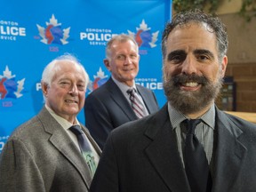 Edmonton Police Foundation Chair Sol Rolingher, and Chief Rod Knecht, accepted a donation of $540.00 from Rabbi Kliel Rose on behalf of Edmonton's Jewish community to mark the end of Passover on April 19,  2017. Photo by Shaughn Butts / Postmedia